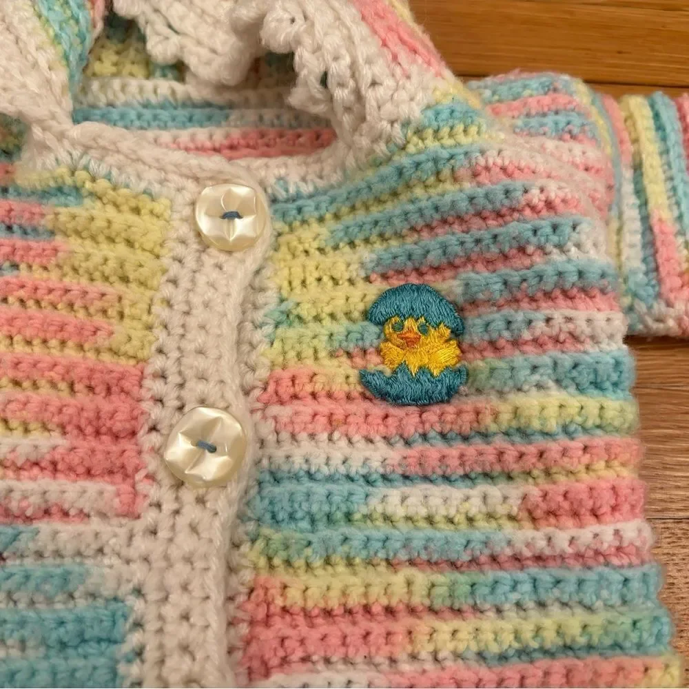 Vintage Crochet  Rainbow Pastel Stripe Easter Chick in Egg Hooded Cardigan